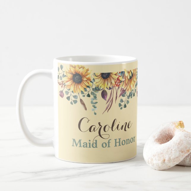 Rustic Sunflower Botanical Maid of Honor Mug (With Donut)