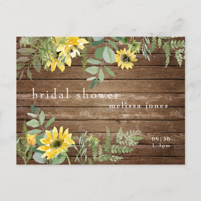 Rustic Sunflower Botanical & Wood Bridal Shower In Invitation Postcard (Front)