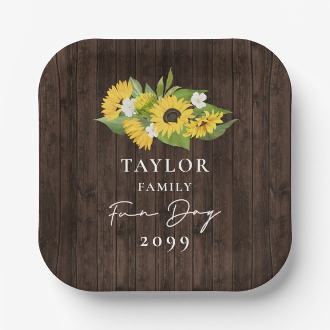 Rustic Sunflower Bouquet Family Fun Day Paper Plates (Front)