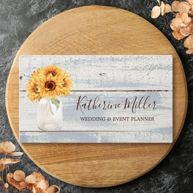 Rustic Sunflower Bouquet Mason Jar  Business Card (Close up)