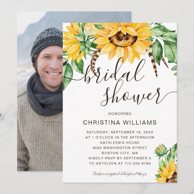 Rustic Sunflower Bouquet Photo Bridal Shower Invitation (Front/Back)