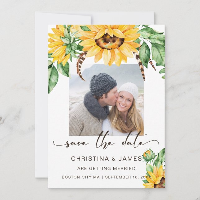 Rustic Sunflower Bouquet Photo Script Save The Date (Front)