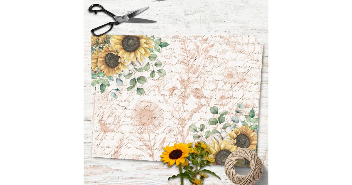 Rustic Sunflower Bouquet Vintage Letter Decoupage Tissue Paper | Zazzle