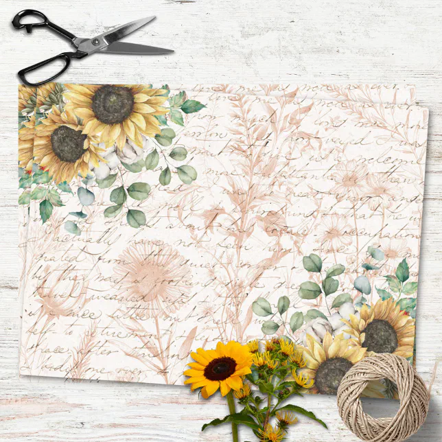 Rustic Sunflower Bouquet Vintage Letter Decoupage Tissue Paper | Zazzle