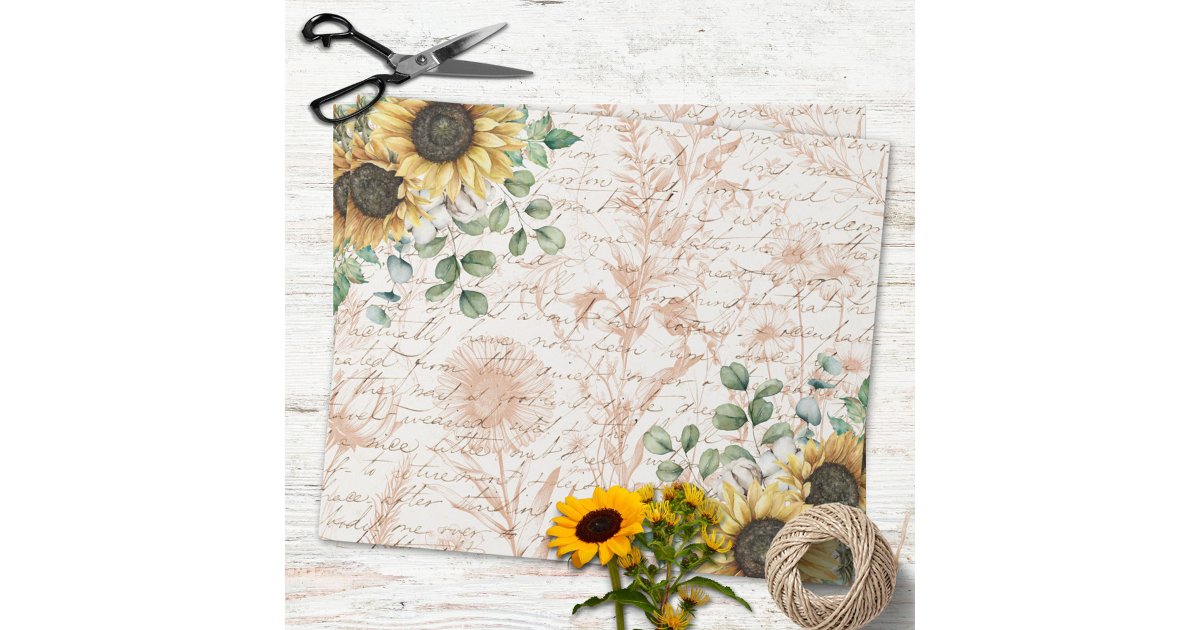 Rustic Sunflower Bouquet Vintage Letter Decoupage Wrapping Paper | Zazzle