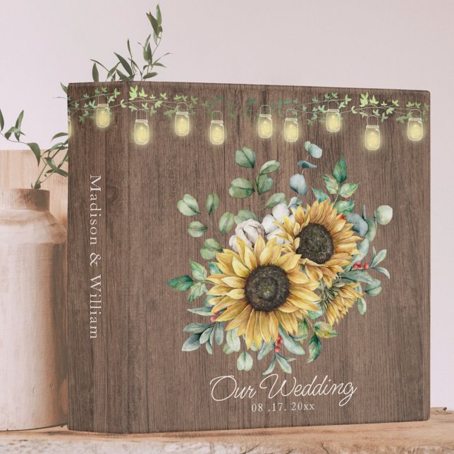 Rustic Sunflower Bouquet Wooden Wedding Album 3 Ring Binder (In situ on table)