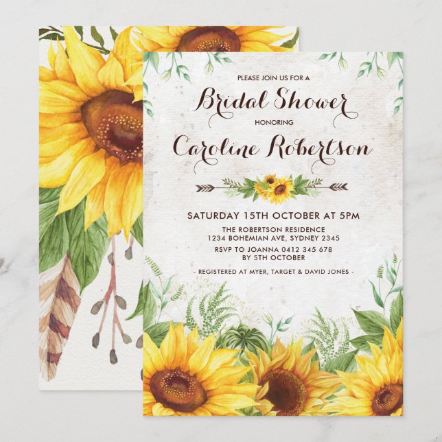 Rustic Sunflower Bridal Shower Floral Invite (Front/Back)