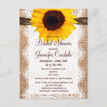 Rustic Sunflower Bridal Shower Invitation Postcard by CustomWeddingSets at Zazzle