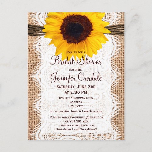 Rustic Sunflower Bridal Shower Invitation Postcard
