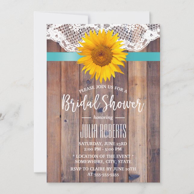 Rustic Sunflower Bridal Shower Laced Barn Wood #2 Invitation (Front)