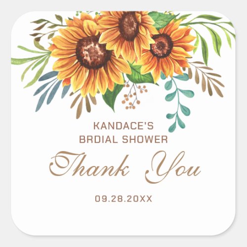 Rustic Sunflower Bridal Shower Thank You Favor Square Sticker