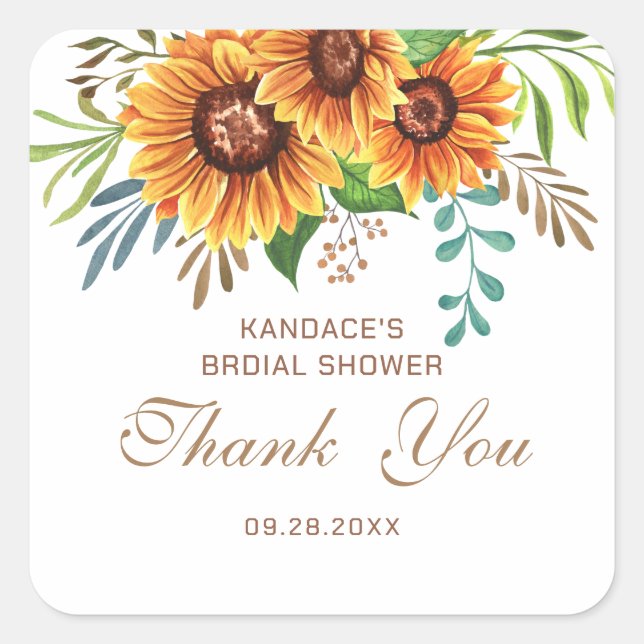 Rustic Sunflower Bridal Shower Thank You Favor Square Sticker (Front)