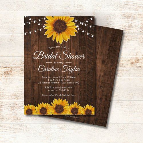 Rustic Sunflower Bridal Shower with String Lights Invitation