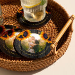 Rustic sunflower bride groom photo wedding favor round paper coaster<br><div class="desc">Rustic country wedding round photo personalized drink coaster favor gift with yellow gold sunflower bouquets over a dark brown barn wood with strings of twinkle lights.            Easy to customize with your text and photo!           It can be a pretty keepsake gift for a new couple.</div>