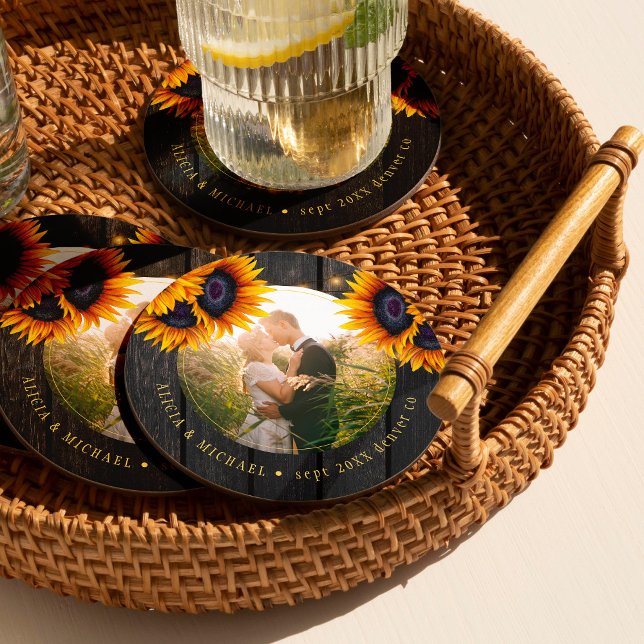 Rustic sunflower bride groom photo wedding favor round paper coaster (Creator Uploaded)