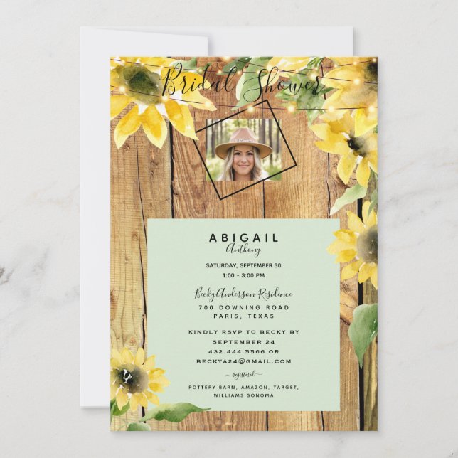 Rustic Sunflower Bride Photo Wood & Lights Bridal  Invitation (Front)