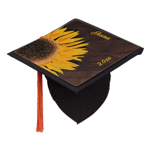Rustic Sunflower Brown Country Wood Graduation Cap Topper