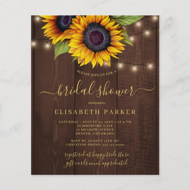 Rustic sunflower BUDGET bridal shower invitation (Front)