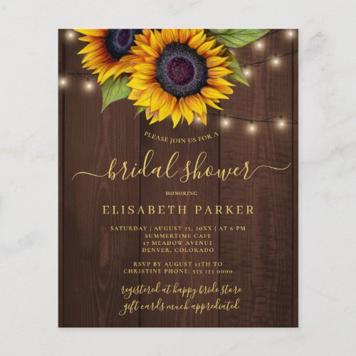 Rustic sunflower BUDGET bridal shower invitation