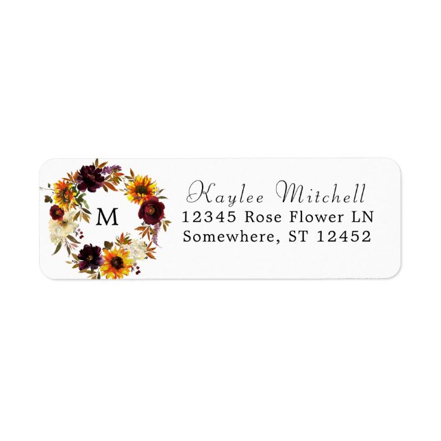 Rustic Sunflower & Burgundy 1Floral Return Address Label (Front)