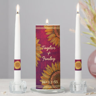   Rustic Sunflower Burgundy Boho Farmhouse Wedding Unity Candle Set