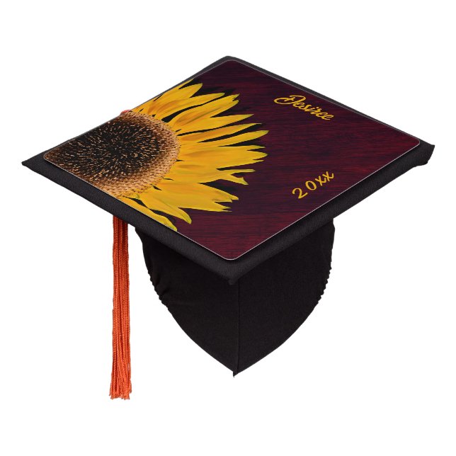 Rustic Sunflower Burgundy Country Wood Graduation Cap Topper (Angled)