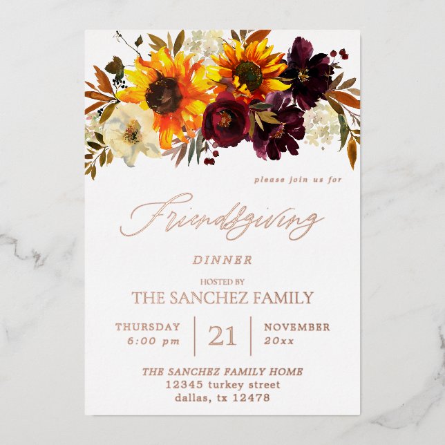 Rustic Sunflower & Burgundy Floral Friendsgiving Foil Invitation (Front)