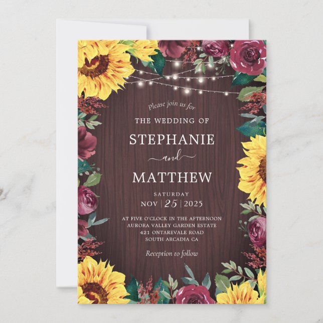 Rustic Sunflower Burgundy Floral Lights Wedding Invitation (Front)