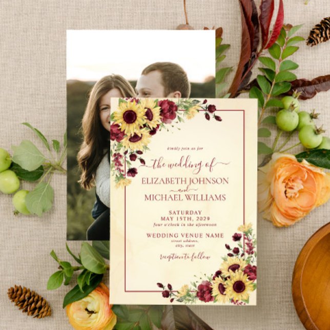 Rustic Sunflower Burgundy Floral Photo Wedding Invitation (Creator Uploaded)