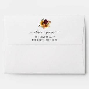 Rustic Sunflower Burgundy Floral Rose Watercolor Envelope