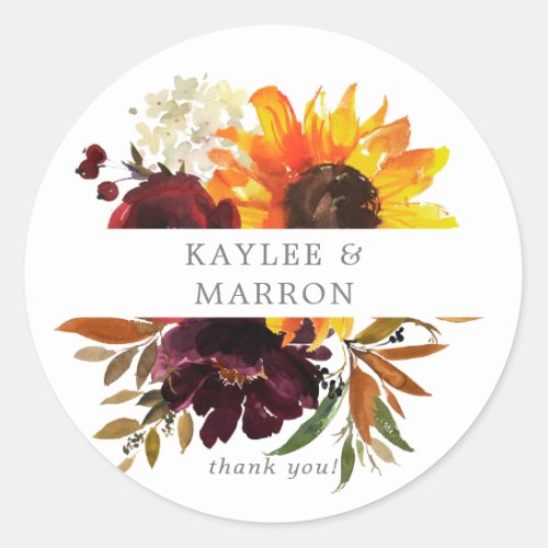 Rustic Sunflower  Burgundy Floral Thank You Classic Round Sticker