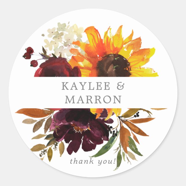 Rustic Sunflower & Burgundy Floral Thank You Classic Round Sticker (Front)