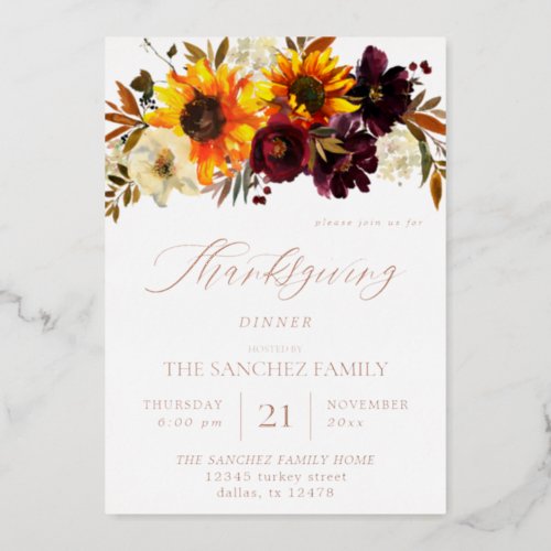 Rustic Sunflower  Burgundy Floral Thanksgiving Foil Invitation