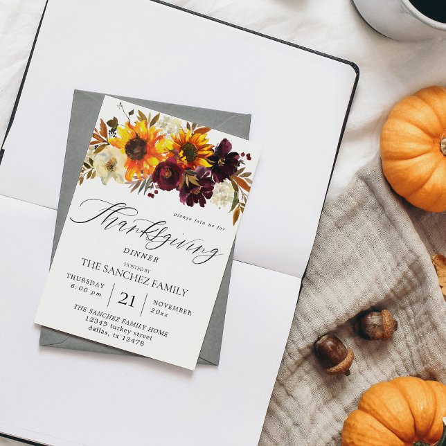 Rustic Sunflower & Burgundy Floral Thanksgiving Invitation (Creator Uploaded)