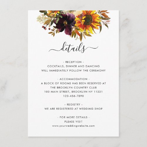Rustic Sunflower Burgundy Floral Wedding Details Enclosure Card