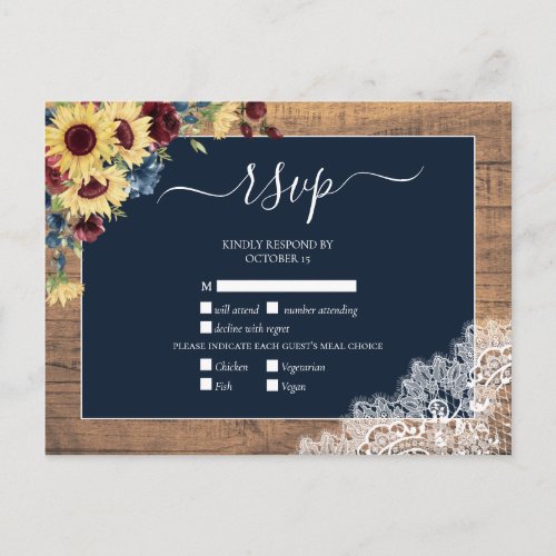 Rustic Sunflower Burgundy Navy Blue Wedding RSVP Invitation Postcard