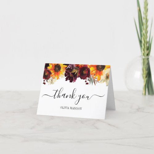 Rustic Sunflower Burgundy Peony Bridal Shower Thank You Card