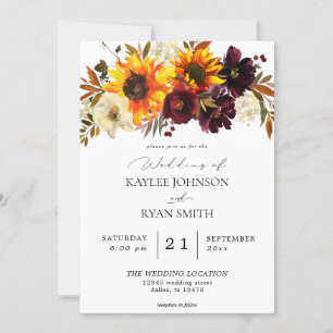 Rustic Sunflower & Burgundy, Purple Floral Wedding Invitation