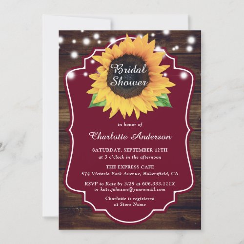 Rustic Sunflower Burgundy Red Bridal Shower Invitation