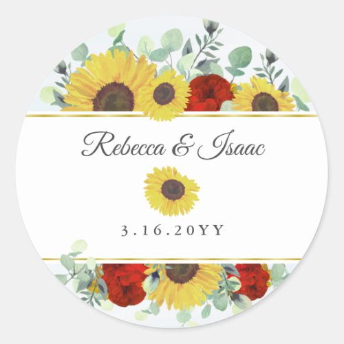 Rustic Sunflower Burgundy Red Floral Wedding Classic Round Sticker