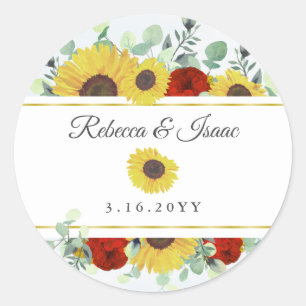 Rustic Sunflower Burgundy Red Floral Wedding Classic Round Sticker