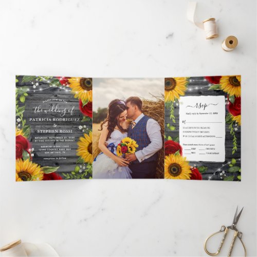 Rustic Sunflower Burgundy Red Rose Photo Wedding Tri_Fold Card