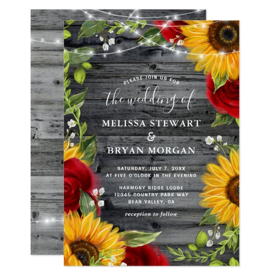 Rustic Sunflower Burgundy Red Rose Wood Wedding Invitation