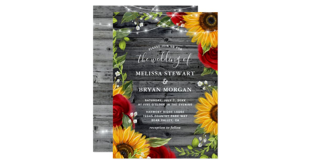 Rustic Sunflower Burgundy Red Rose Wood Wedding Invitation Zazzle Com