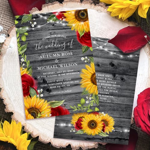 Rustic Sunflower Burgundy Red Rose Wood Wedding Invitation