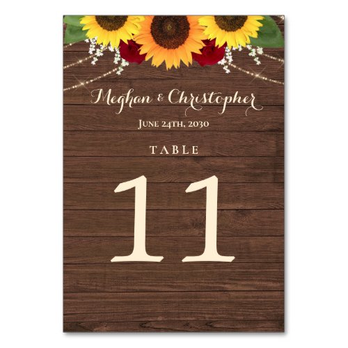 Rustic Sunflower Burgundy Red Roses Wood Wedding Table Number