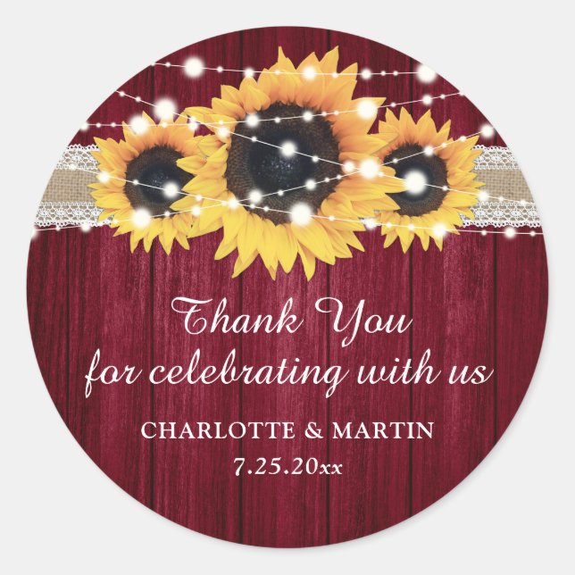 Rustic Sunflower Burgundy Red Wedding Stickers (Front)