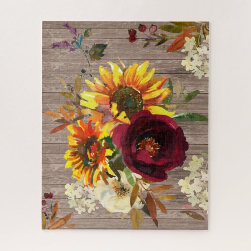 Rustic Sunflower Burgundy Red White Floral Jigsaw Puzzle