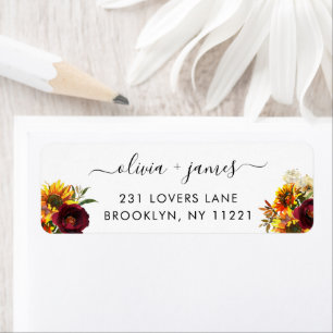 Rustic Sunflower Burgundy Rose Floral Watercolor Label