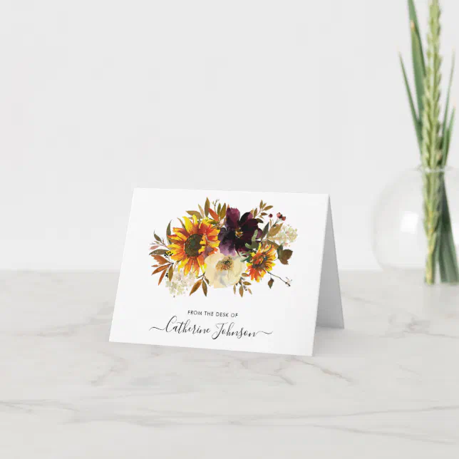 Rustic Sunflower Burgundy Rose Floral Watercolor Note Card | Zazzle